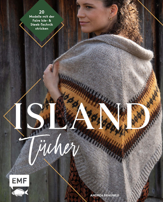 Buch EMF Verlag Island-Tücher Stricken, 20 Modelle, Titelbild mit Faire-Isle Muster