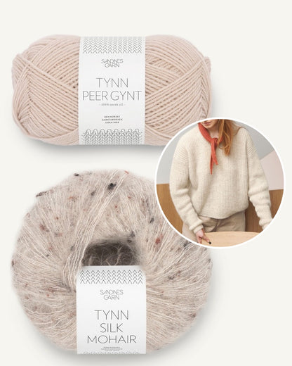 Sandnes Magazin 2302 Loui Pullover Tynn Peer Gynt mit Tynn Silk Mohair marzipan greige tweed