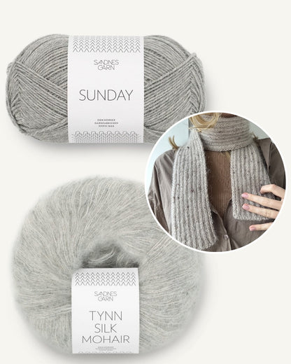 LeKnit Note Rib Scarf mit Sunday und Tynn Silk Mohair von Sandnes Garn hellgrau