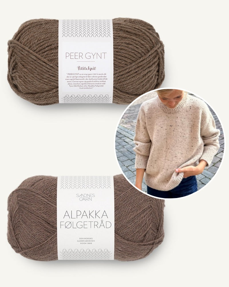 PetiteKnit Sonja Sweater mit Peer Gynt und Alpakka Folgetrad von Sandnes Garn braun