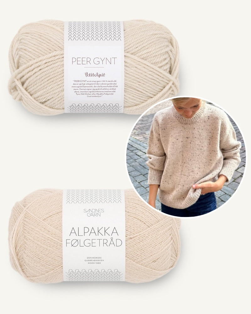 PetiteKnit Sonja Sweater mit Peer Gynt und Alpakka Folgetrad von Sandnes Garn mandel