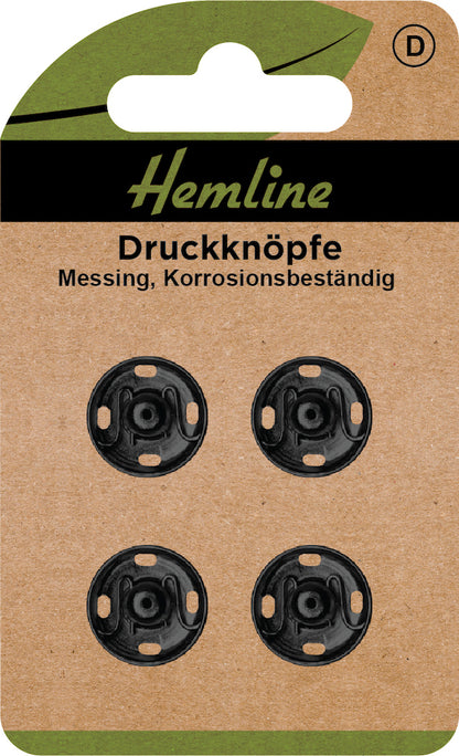 Hemline, Druckknöpfe aus Metall zum Annähen, 4 Stück, 15mm Durchmesser, schwarz